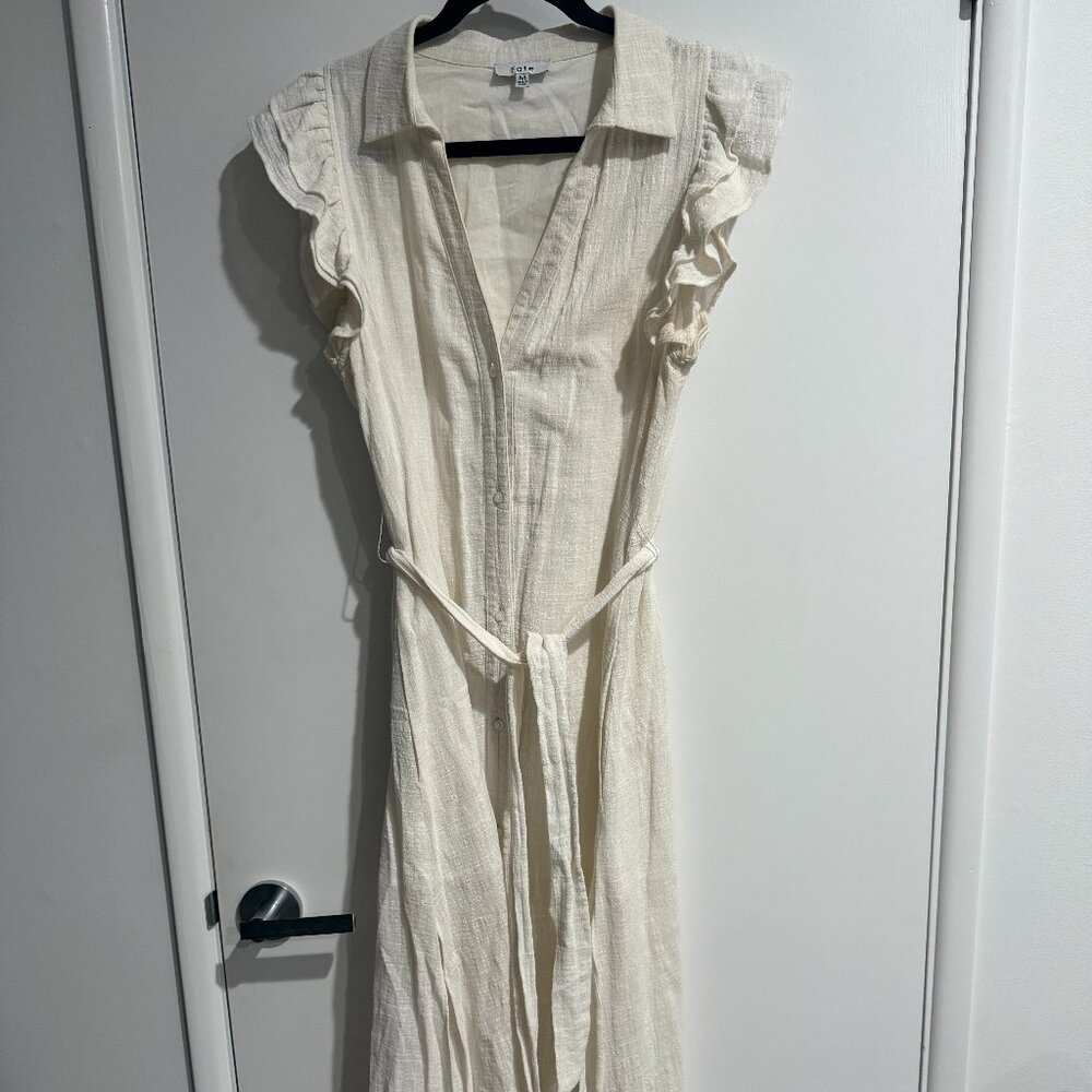 White Linen Button Up Dress With Flutter Sleeve - image 1
